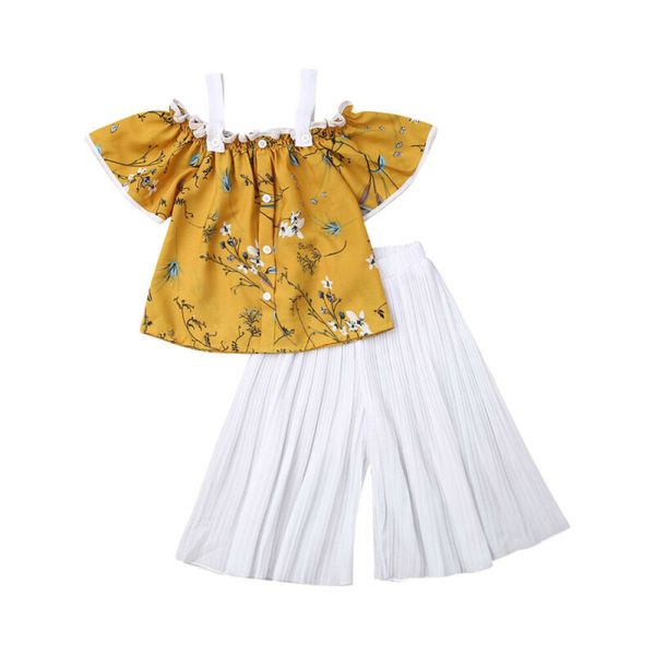 

toddler kids baby girls summer floral strap loose pants outfits set clothes, White