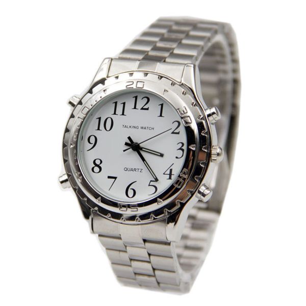 

english talking clock stainless steel for blind or visually impaired watch men women digital number wristwatch, Slivery;brown