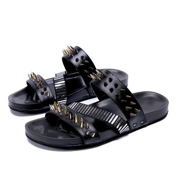 

summer sandals fashion breathable roman soft bottom flip-flops men's casual beach sandals genuine leather rivets men, Black