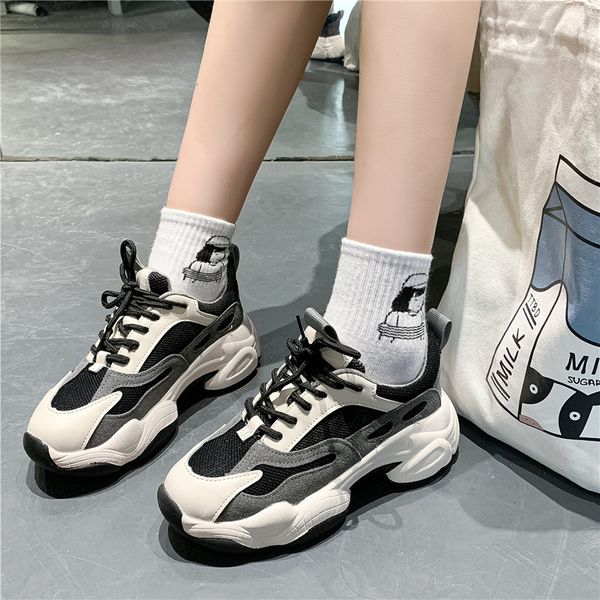 

dad shoes female fashion spring and autumn 2020 new fitness casual shoes thick-soled running lace heel women's single shoe, Black