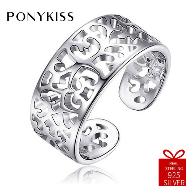 

ponykiss ethnic 100% 925 sterling silver adjustable opening hollow flower ring jewelry women birthday party anniversary gift, Golden;silver