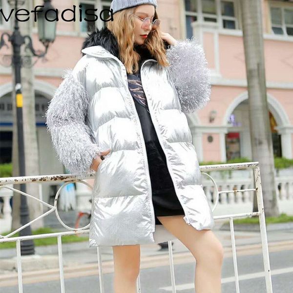 

vefadisa 2018 winter women solid color parka personality patchwork black silver hooded loose oversize women bread coat qfm004