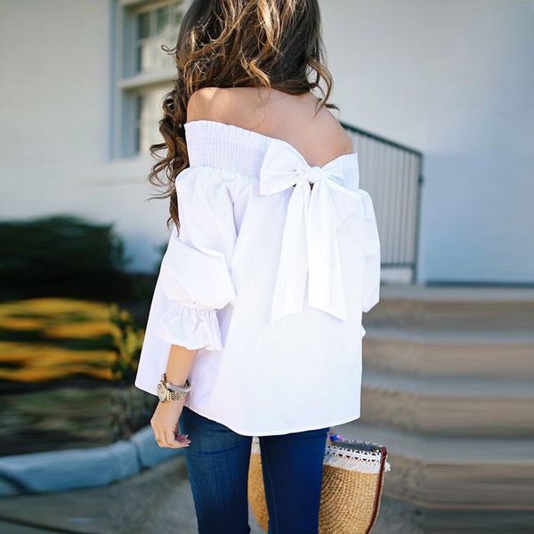 

fanbety 5xl women slash neck bow tie blouse shirts elegant 3/4 lantern sleeve blouses summer solid off shoulder blusa, White