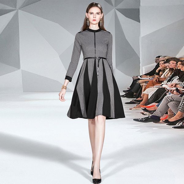 

long-sleeved stitched skirt vertical collar kilo-bird skirt retro middle waist dress, Black;gray