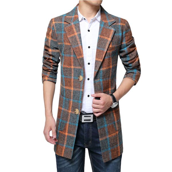 

autumn men's tartan windbreaker casual long wool coat men blends fashion thick warm men's plus size s-6xl, Black