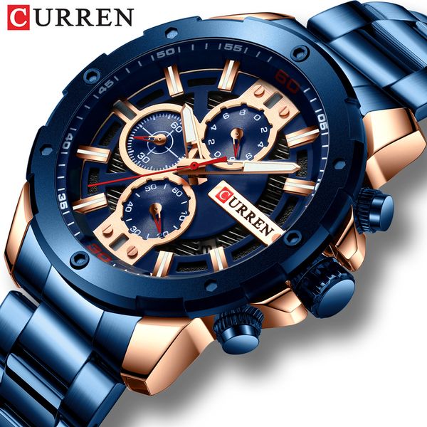

curren new quartz luminous man watch fashion sport stainless steel watches 3atm waterproof wristwatch chronograph watches, Slivery;brown