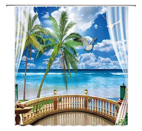 

blue sky beach coconut tree floor shower curtains waterproof bathroom decor with hooks 3d girls boys gifts