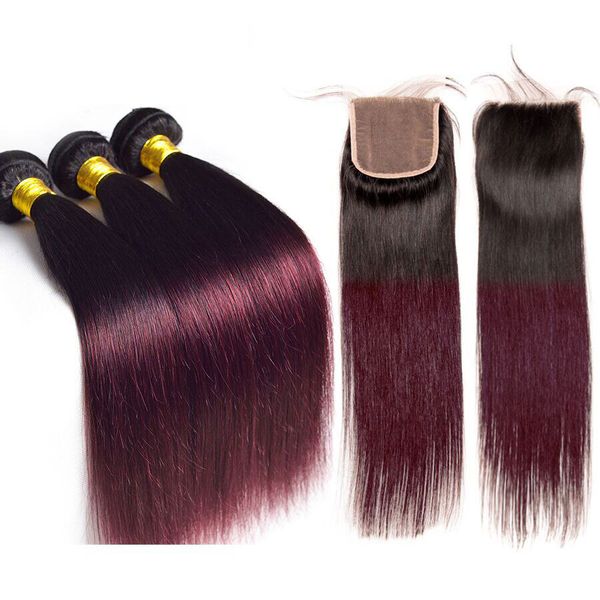 

pre-colored ombre burgundy brazilian straight hair bundles with closure 1b/99j ombre straight human hair 3 bundles with closure burgundy, Black;brown