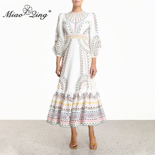 

miaoqing print hollow out dresses for female o neck lantern long sleeve high waist women's dress fashion 2020 clothing tide, Black;gray