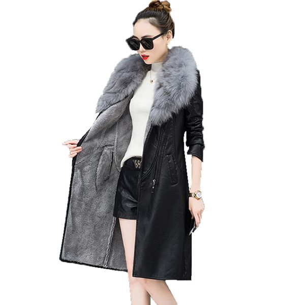 

4xl fashion women autumn winter fur collar long fur coat jacket female 2019 lapel belt belt pu size warm slim lamb outerwear, Black