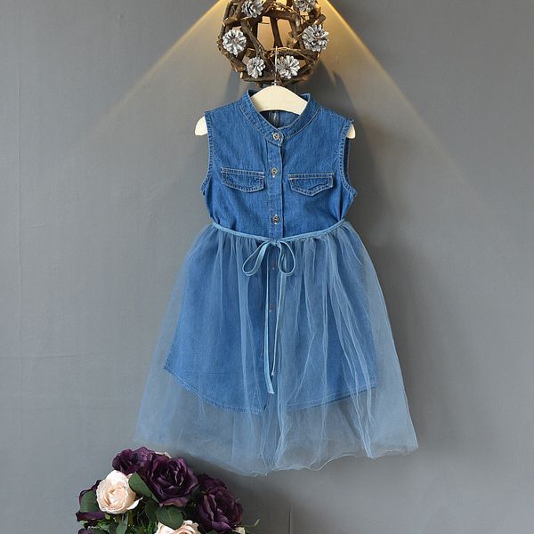 

girl's dresses kid girl blue denim dress summer toddler baby sleeveless tutu lace children clothing, Red;yellow