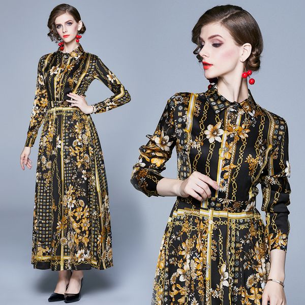 

luxury women's runway designer dress long sleeve 2021 vintage baroque print ladies black dresses plus size spring summer autumn winter, Black;gray