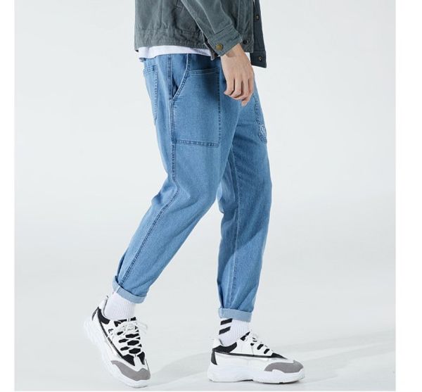 

new autumn jeans male korean version wide leg capris drawstring jeans male loose straight 2 colors, Blue