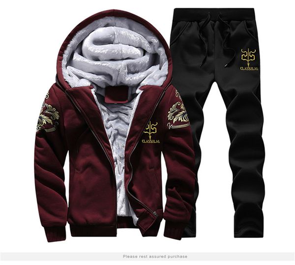 

tracksuit мужской набор зимних пробежек двухкусочных наборы хлопок внутренней руно толстый с капюшоном 2рс куртки брюки спортивные костюмами, Gray