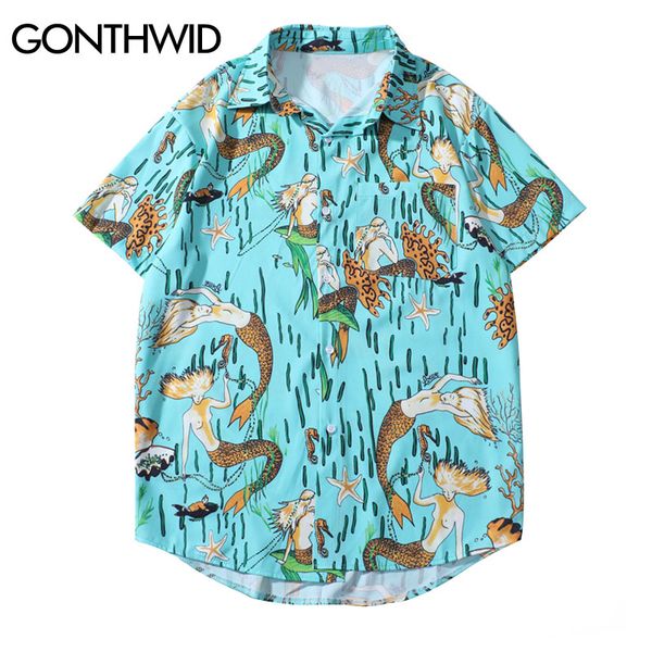 

gonthwid mermaid print hawaiian shirts men summer casual beach holiday shirt fashion short sleeve aloha tropical shirts, White;black
