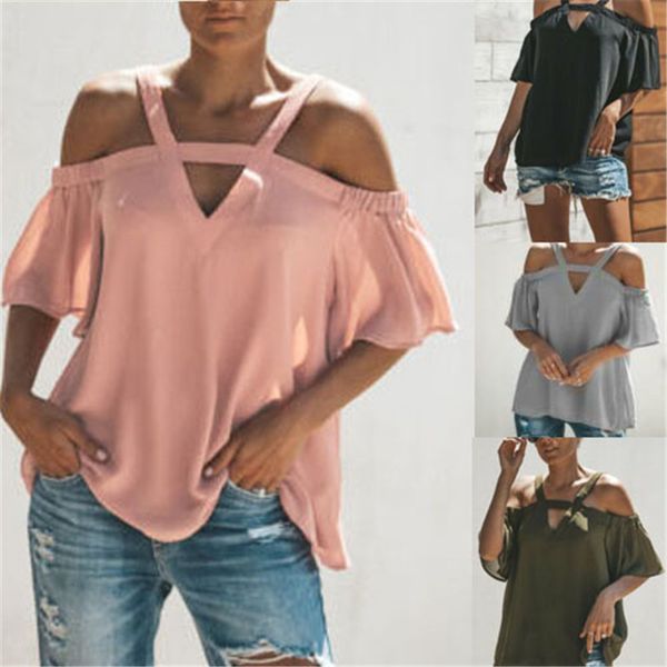 

women's cold shoulder v neck short sleeve ladies summer blouse, White