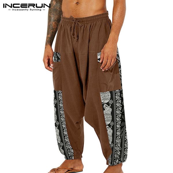 

incerun men harem pants printed cotton joggers streetwear loose drop crotch trousers men vintage drawstring pockets casual pants, Black