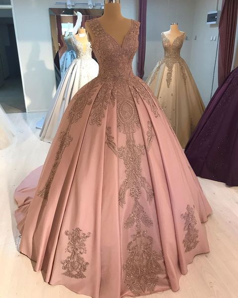 

blush pink lace beaded quinceanera prom dresses deep v-neck satin ball gown evening party sweet 16 dress zj195, Blue;red