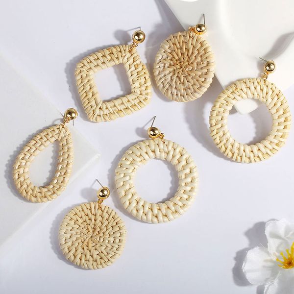 

handmade wooden straw weave rattan vine braid geometric circle square drop earrings jewelry for women girl stud ing, Golden;silver