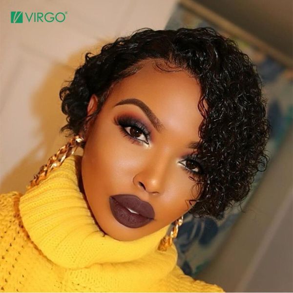 

lace wigs wig deep curly 4x4 closure front human hair short bob pixie cut for women virgo 150 remy, Black;brown