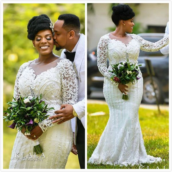 

arabic aso ebi luxurious lace beaded wedding dresses sheer neck mermaid bridal dresses vintage wedding gowns zj264, White