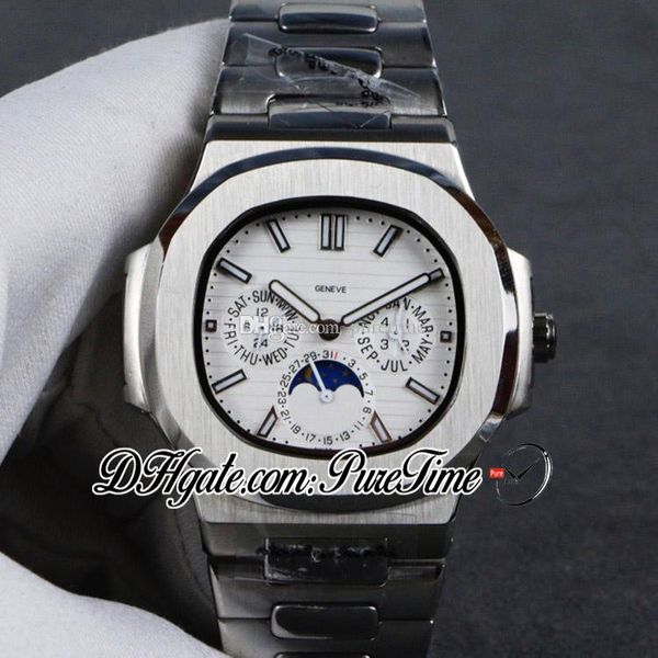 

nautilus 5740 moon phase day date automatic mens watch steel case white texture dial stick markers stainless steel bracelet puretime e98b2, Slivery;brown