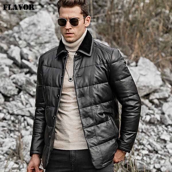

flavor men's real leather down jacket men genuine lambskin winter warm leather coat with turn down sheep fur collar, Black