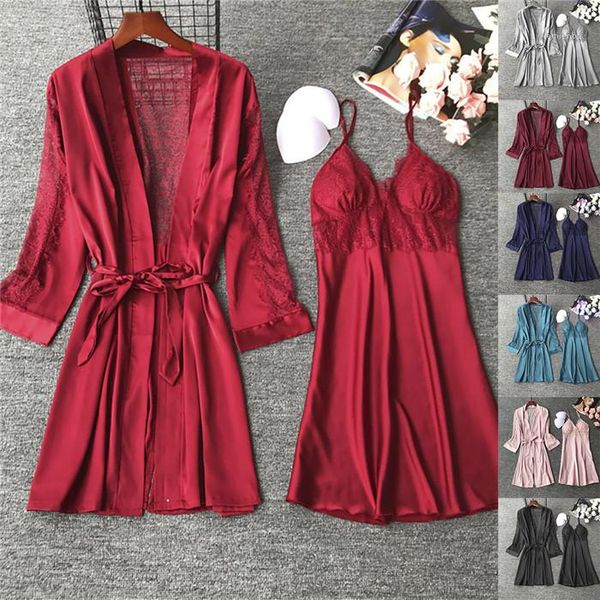 

suits summer designer solid color spaghetti strap dress with badage bathrobe feamles fashion hollow out pyjamas womens 2pcs lace, Black;white