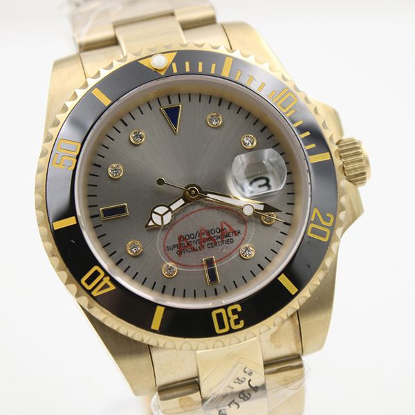 

горячие продажа submarner алмазный серый циферблат 40mm мужские часы автоматические полный золото наручные часы сапфировое стекло керамическ, Slivery;brown