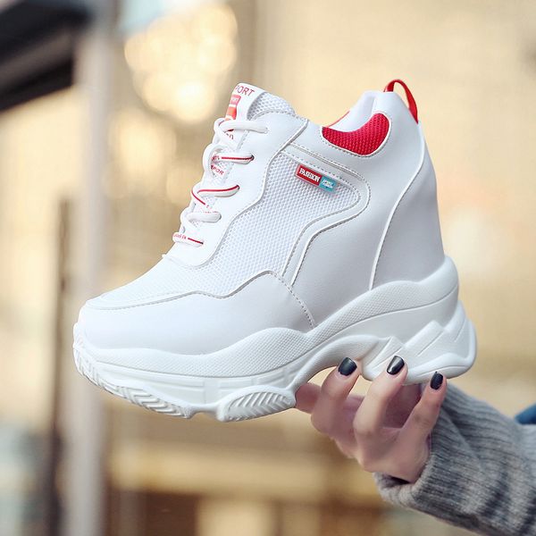 

women sneakers ultra height increasing chunky sneakers casual elevator lady shoes mesh platform wedges female trainers, Black