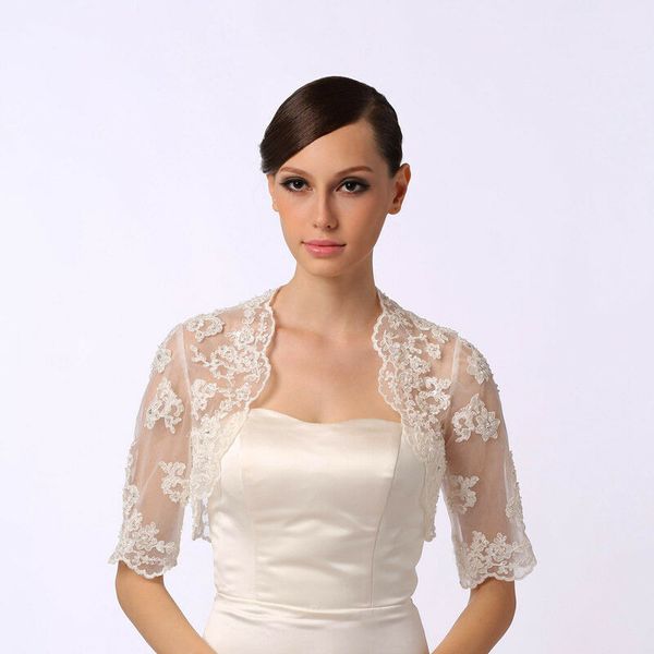 Giacca in pizzo a maniche lunghe Bolero con coprispalle Stola Abito da ballo per matrimonio Giacca in pizzo da sposa bianco avorio3019