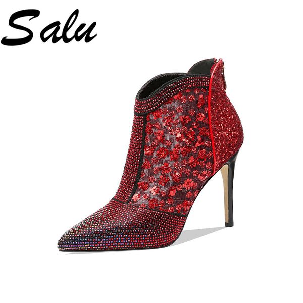 

salu fashion women blingbling pointed toe party wedding shoes woman thin high heels zipper prom cow suede boots, Black