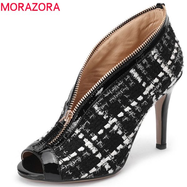 

morazora 2019 pumps women super high heels shoes peep toe summer shoes unique zipper dress woman party prom, Black;white