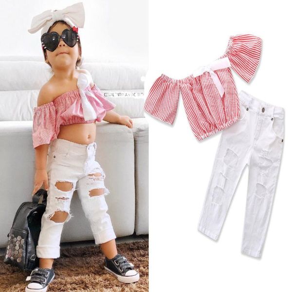 

girl clothes set 2020 new pink short-sleeved off-the-shoulder striped white fashion ripped straight trousers two-piece suit