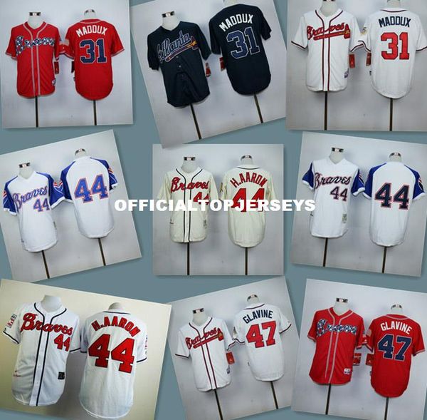 

#31 maddux 44 hank aaron 47 tom glavine retro jersey men new color white red blue yellow, Black;blue