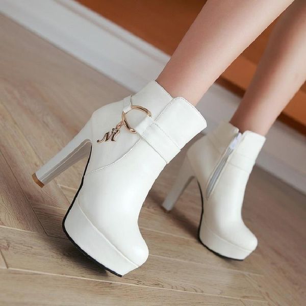 

us4-11 womens chunky high heel platform buckle ankle boots round toe side zip shoes 12cm casual plus size 4colors c269, Black