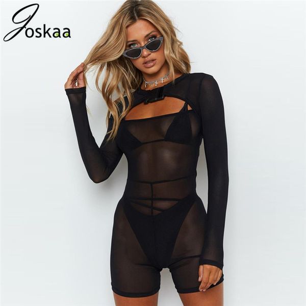 

joskaa long sleeve mesh see-through hollow out hole playsuit 2019 autumn women buckle-strap clun body streetwear, Black;white