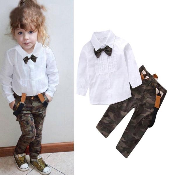 

2pcs fashion toddler kids baby girls boys long sleeve solid blouse +overalls pants set cotton outfits, White