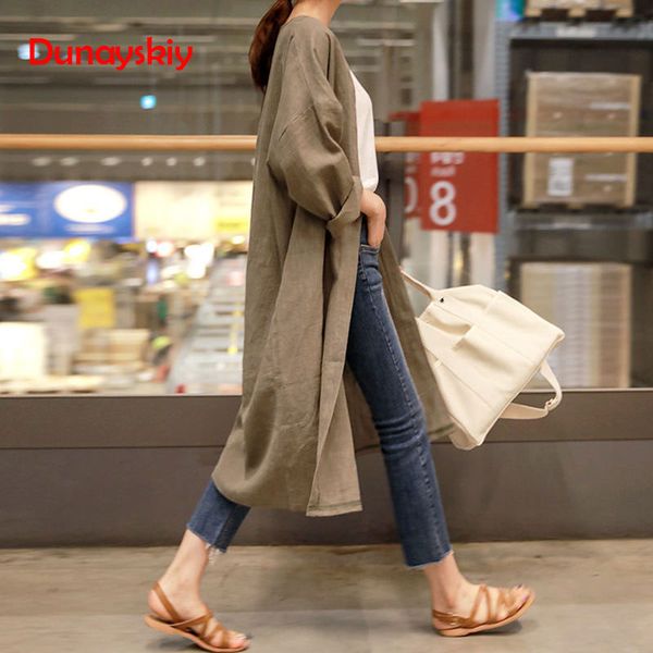 

long trench coat for women cardigan elegant casual windbreaker femme spring summer vintage cotton linen ladies trench coat, Tan;black