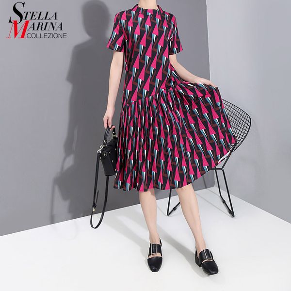 

new 2020 korean women fashion summer apparel red dress geometrical pattern printed ladies stylish midi party dress style 6182, Black;gray