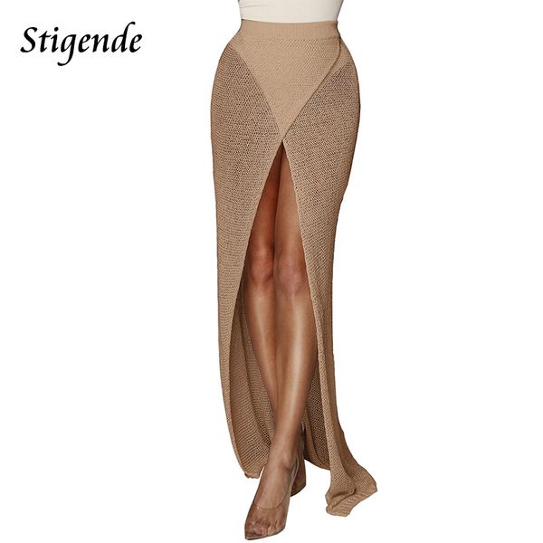 

stigende summer beach high split long skirt womens hollow out bodycon crochet skirt fashion floor length knitted hem skirts, Black