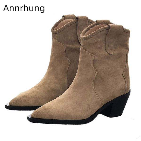 

concise 2019 autumn suede short boots women chunky heel knight boots fashion pointed toe slip on ankle for women, Black