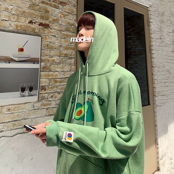 

2020 autumn and winter new korean version of the couple men's avocado green hooded printing fashion trend casual pullover, Black