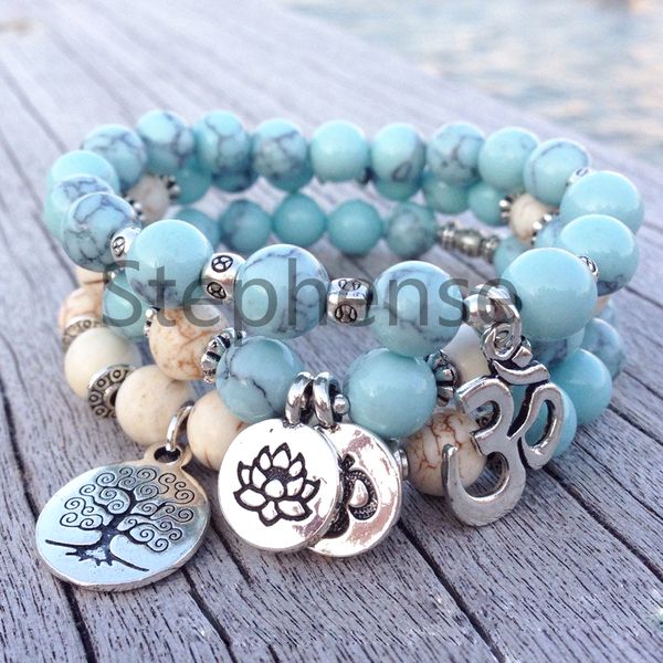 MG0664 2019 Nuovo design Turquoise blu Bracciale OHM Naturale 8 mm perle turchese Yoga Mala Bracciale Tree Braccialetto Lotus Bracciale