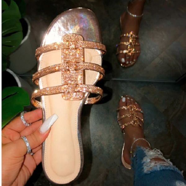 

slippers women shoes summer crystal open toe flat sandals ladies casual roman beach slides black gold flip flops big size
