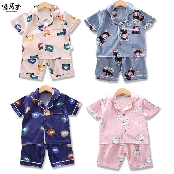 

children's pajamas summer short-sleeved t shirt + shorts sports set kids pyjamas boys girls pajamas baby sleepers sleepwear 2-7t, Blue;red