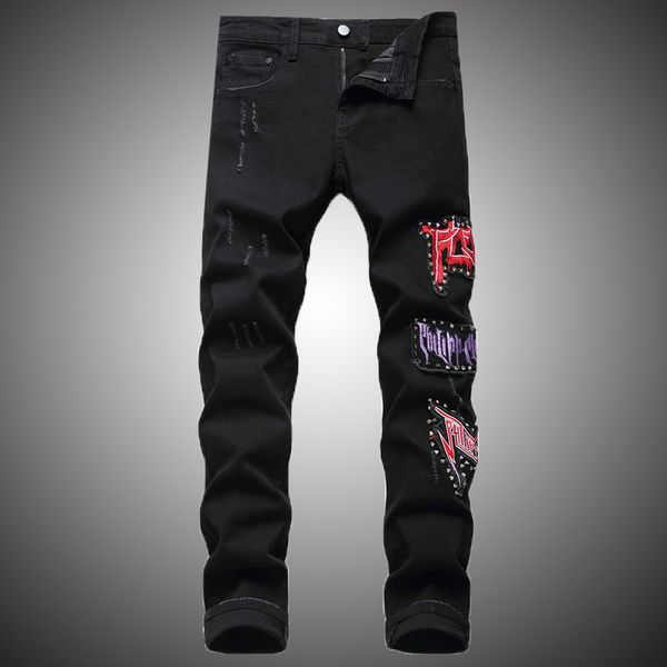 

skinny jeans men streetwear casual denim pants embroidery stretch jeans slim fit trousers fashion clothes bp063, Blue