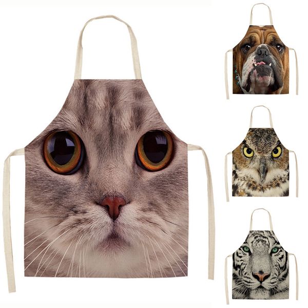 

1pcs cat tiger dog owl printed kitchen apron sleeveless cotton linen aprons for cooking home cleaning tools 53*65cm ma0058