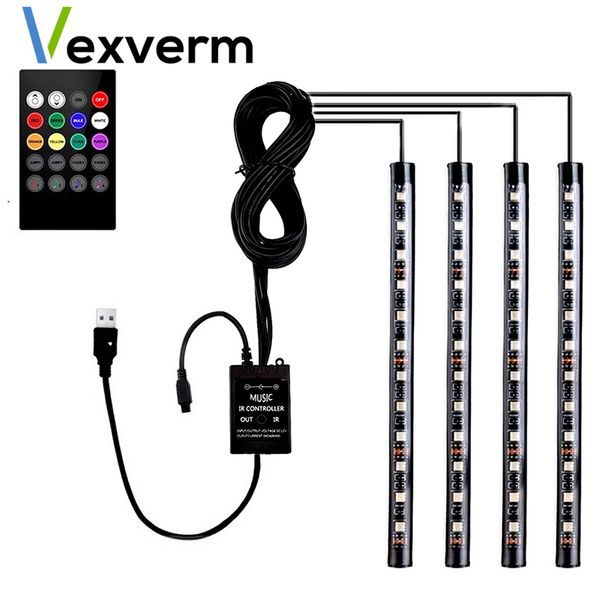 

4pcs car rgb led strip interior light multicolor music atmosphere sound active function led strip lighting with usb port