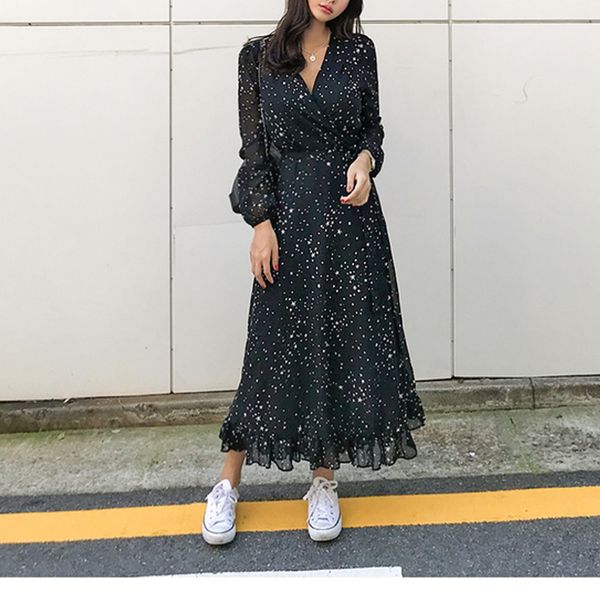 

женщина одежда длинные платья оборками шифон женщины star fur print spring sexy v шеи пояса maxi платье вечера партии женское платье vestido, Black;gray